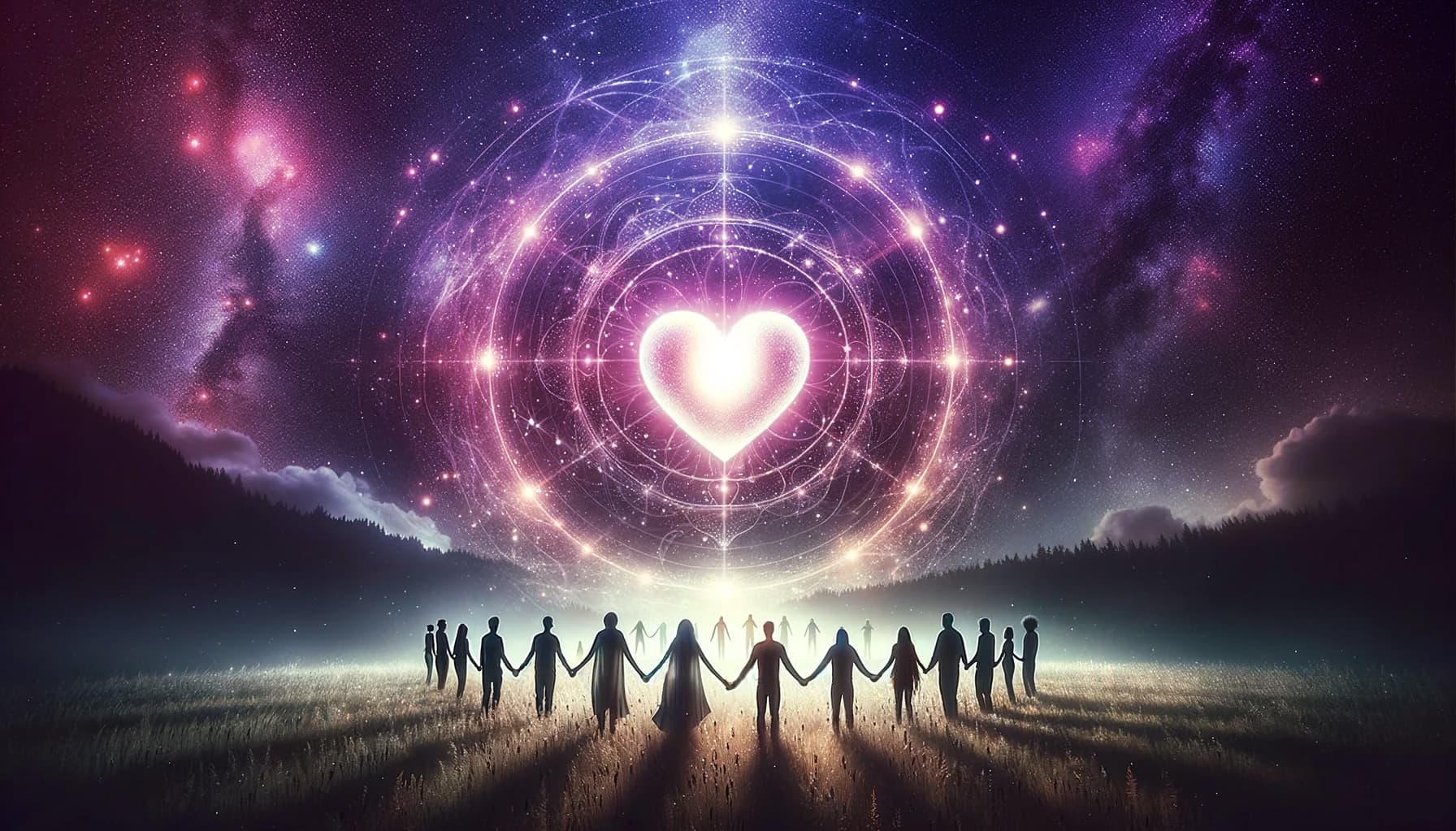 Graphic of people standing in a circle, holding hands, while a cosmic heart floats in the sky and galaxies and stars are shown in the background